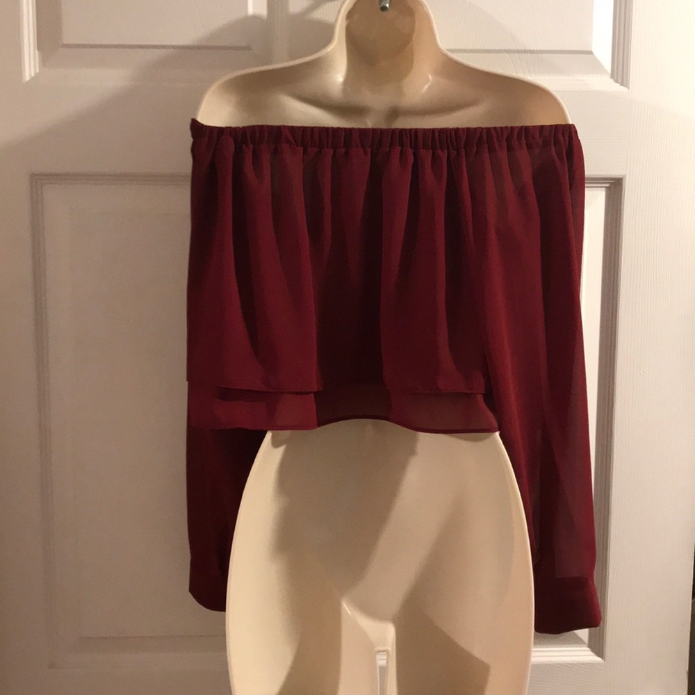 Off Shoulder Long Sleeve Chiffon Cropped Top - Picture 8 of 8